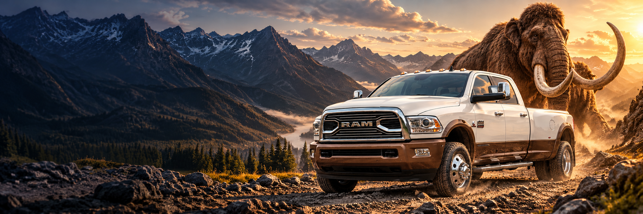 Brand illustration of a Ram heavy-duty dually and a mammoth in a mountain landscape